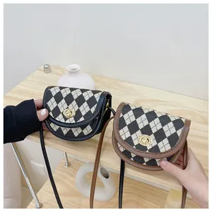 Detail of vintage plaid saddle bags with gold metal clasps and canvas material