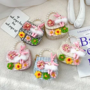 Children's cute mini tweed crossbody bags featuring rabbit dolls and pearl handles