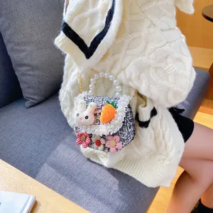 Cute Toddler Girls Mini Crossbody Bag Cotton Linen Tweed Style Purse With Artificial Pearl Handle Metal Chain Plush Rabbit Flower Decor