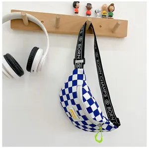 Blue checkerboard kids chest bag featuring Born Champs lettering on nylon strap