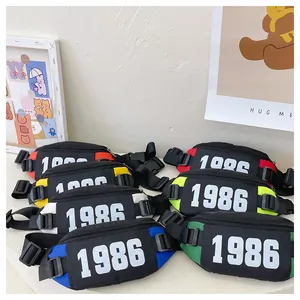 Multiple colorful kids crossbody bags with 1986 logo and checkered patterns