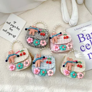 Chic tweed kids handbag with pearl handle and plush bear charm in multiple colors