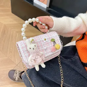 Mini sac à main rose en tweed pour filles avec anse en perles et lapin en peluche