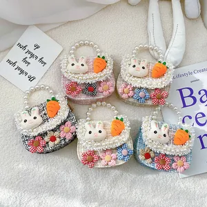 Girls tweed mini bags with pearl handles and cute plush bunnies in five soft colors