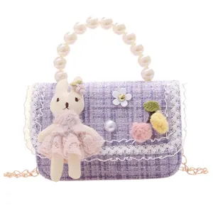 Sac en tweed violet pour fille avec anse perles, bordure dentelle et peluche lapin