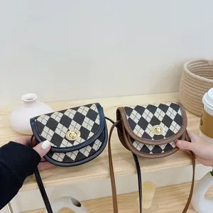Kids vintage plaid saddle bag with golden clasp and adjustable shoulder strap