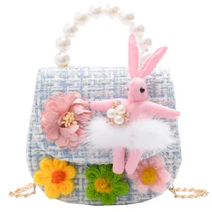 Cute tweed crossbody bag for girls with pearl handle and plush rabbit doll decoration