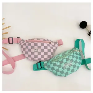 Detailed close-up of bubble textured checkerboard waist bags with adjustable straps