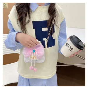 Mädchen Handtasche aus weißer Spitze mit rosa Schleife und edlem Perlengriff