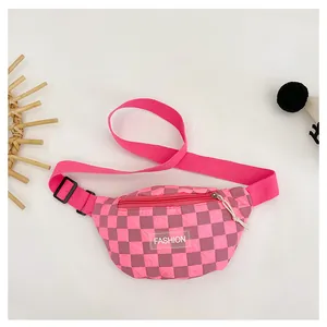 Detail of pink checkerboard waist bag with adjustable strap and fashion label tag