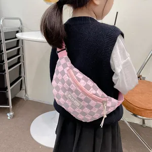 Kids' pink and grey checkered fanny pack with wrinkled fabric and adjustable strap