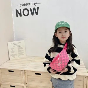 Pink checkered kids fanny pack with quilted pattern and fashion patch for girls