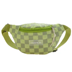 Kids green checkerboard crossbody chest bag with adjustable strap and fashion patch