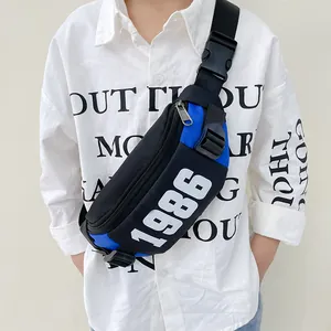 Kids trendy checkerboard sling bag in blue and black with 1986 print for boys