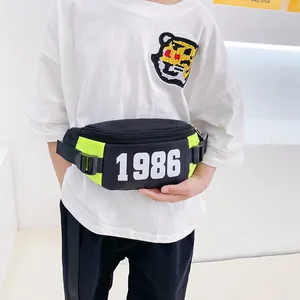 Kids trendy checkerboard waist bag in black and neon yellow with 1986 print