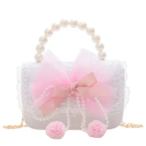 Princess style white lace handbag with pink mesh bow and pearl bead handle for girls