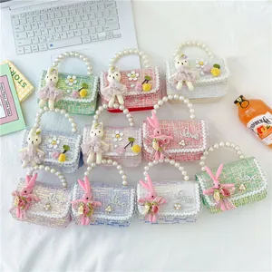Kids Princess Mini Handbag Tweed Sequin Pearl Handle Crossbody Bag With Plush Rabbit Doll For Girls Party Gift