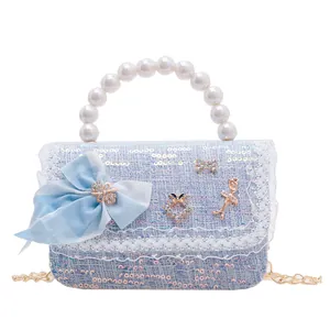 Blue tweed kids handbag with pearl handle, bow decoration and gold chain strap