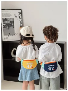 Rear view of a child wearing a stylish blue and yellow sports chest bag with straps