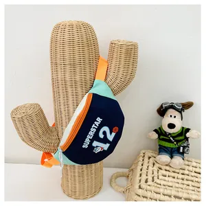 Detailed shot of kids sports chest bag with colorful patchwork on cactus display