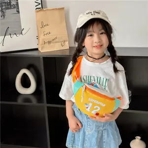 Kids colorful superstar crossbody chest bag featuring a cute cartoon cat and yellow nylon fabric