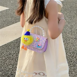 Fashionable purple sequin crossbody bag for girls with pearl handle and chick pendant