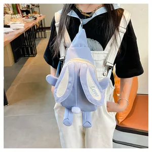 Detail view of purple rabbit chest bag with cute long ears and Love embroidery for kids