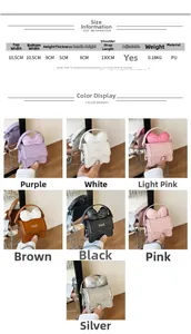 Detailed size chart and multi-color options for children's mini PU leather bow handbag