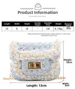 Detail shot of tweed mini bag with pearl trim showing 13x6x10cm size dimensions