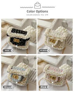 Detail of tweed mini chain bags with pearl trim in black, cream, blue, and pink colors