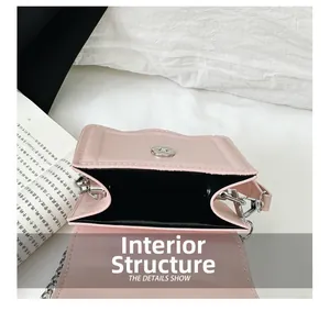 Internal structure of pink mini square bag featuring magnetic clasp and sleek lining