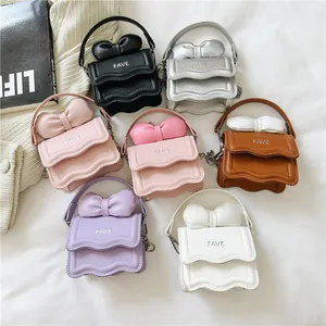 Kids Mini Square Handbag Bow Decorative Wave Edge PU Leather Crossbody Bag For Girls Women Fashion Letter Print FAVE Bag