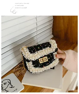 Detail of tweed princess crossbody bag with pearl trim and gold clasp for girls
