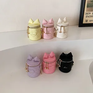 Kids Sweet Mini Bucket Bag PU Leather Quilted Diamond Pattern Bow Crossbody Bag With Metal Chain Heart Embroidery Girls
