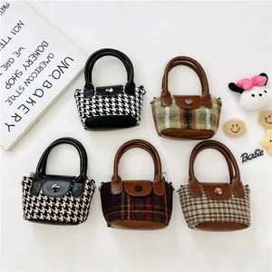 Borsa a Tracolla Mini Plaid per Bambini in Nylon Tessuto Tweed Retro Colore a Contrasto Borsa a Mano per Ragazze Bambini Gioielli