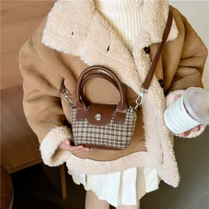 Borsa a mano vintage per bambini con motivo a quadri e tracolla in pelle autunnale
