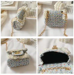 Detailed views of a blue tweed crossbody bag with pearl trim and gold chain strap