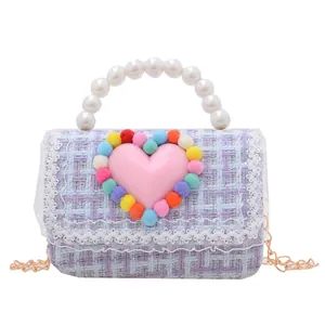 Borsa in tweed viola per bambine con manico di perle, cuore rosa e catena oro