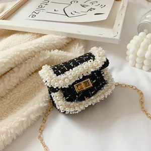 Girls Princess Tweed Crossbody Bag With Artificial Pearl Trim Gold Turn Lock Chain Shoulder Strap Fashion Kids Messenger Handbag