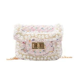Elegant pink tweed crossbody bag for girls with pearl trim and gold chain strap
