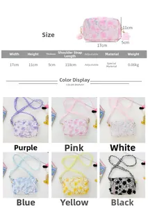 Detailed size chart and multi-color options for children's floral lace crossbody bag