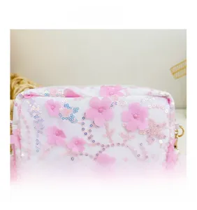 Detail of floral embroidery with sequins and 3D fabric flowers on white crossbody bag