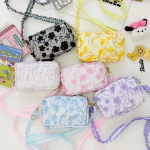 Sweet Floral Kids Crossbody Bag For Girls 3D Flower Sequin Lace Shoulder Bag Cute Mini Storage Bag Daily Outing Gift