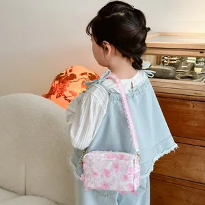 Girl's floral crossbody bag with 3D pink flower patches and lace shoulder strap