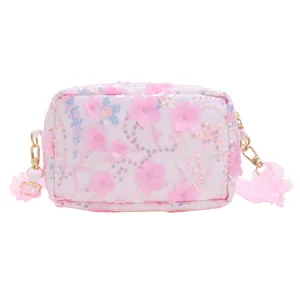 Floral girls crossbody bag with 3D pink flowers and iridescent sequin stars
