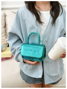 Girl's mini crossbody bag in shiny green crocodile texture with metal bead chain