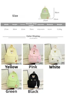 Detailed size chart and multi-color options for the nylon cartoon kids backpack