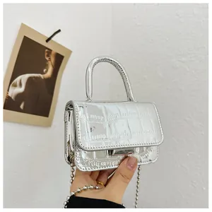 Detail of silver crocodile-embossed mini handbag with bead chain and metallic handle