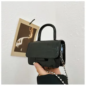 Close-up of black crocodile pattern patent leather mini bag with silver ball chain