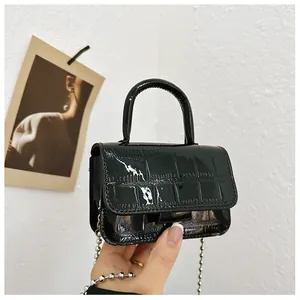 Detail of black glossy crocodile pattern mini bag with silver chain and round top handle